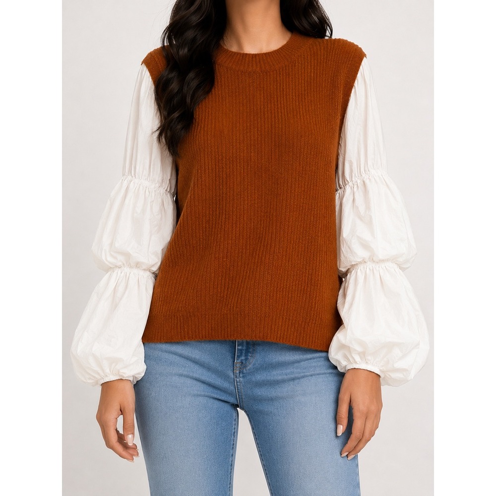 Ontwelfth Rust Brown Ribbed Knit Sweater White Puff Tiered Sleeve Top Large